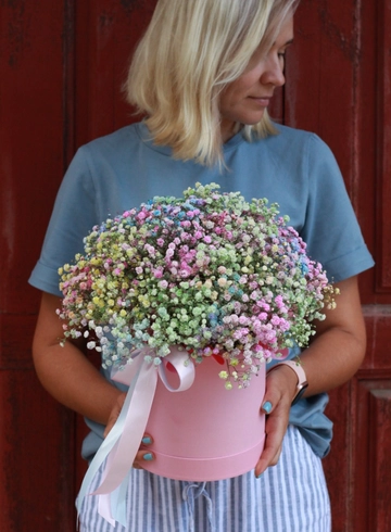 Цветная гипсофила в шляпной коробке от интернет-магазина цветов в Костроме